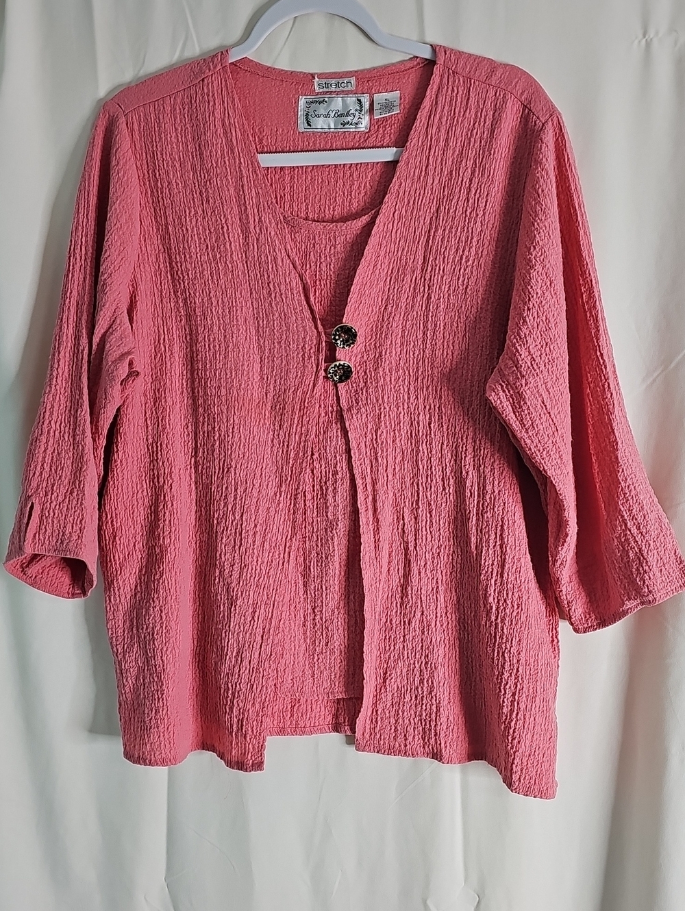 Vintage Sarah Bentley Coral Strech Textured V-Neck Tunic with Decorative Buttons